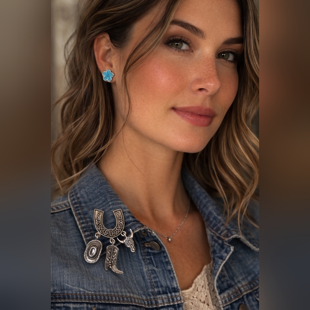 Turquoise Fashion Silver Stud Earrings And Western Brooch Set